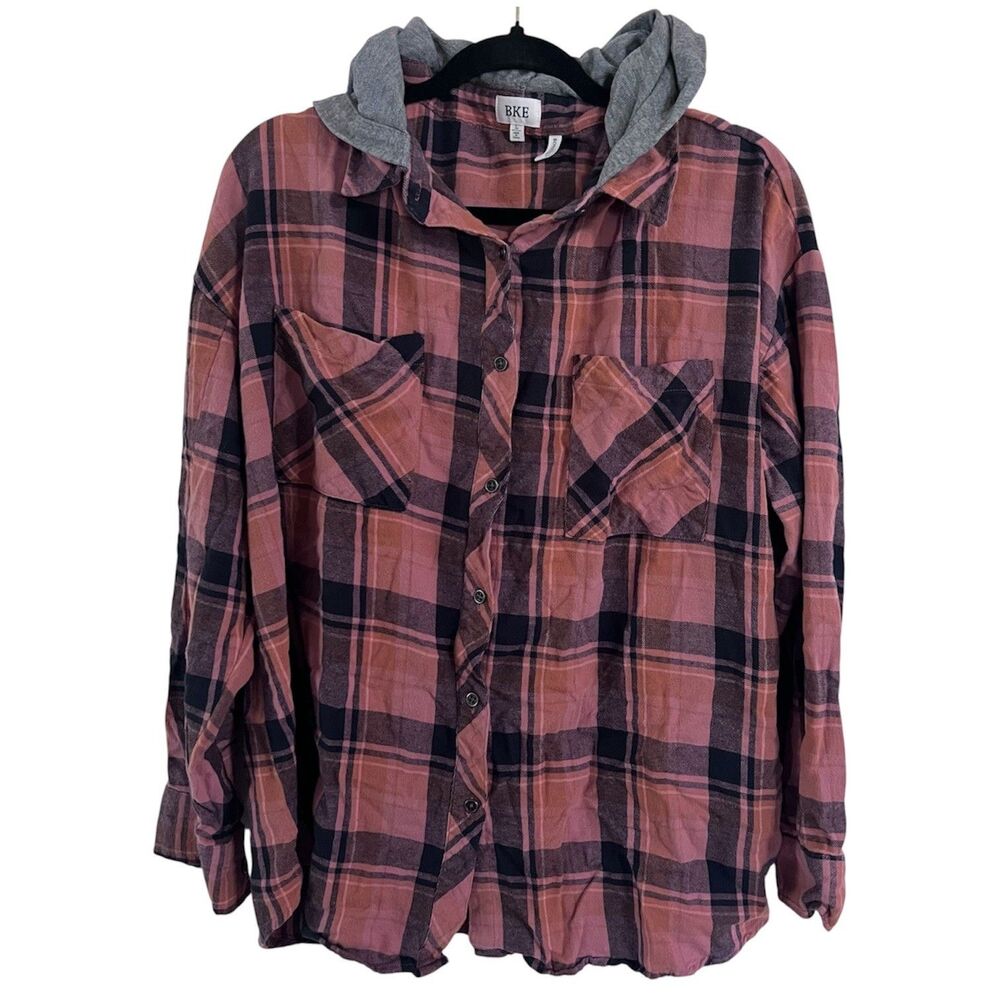 BKE Plaid Flannel Button Up Hooded Collared Shirt Rust Black Gray Women Large L